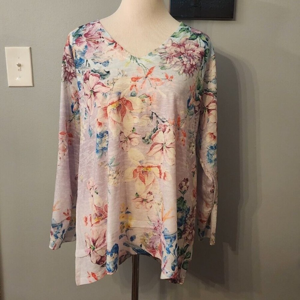 Concepts Pullover Floral V-neck Long Sleeve Top Rhinestones Pink XXXL (22)